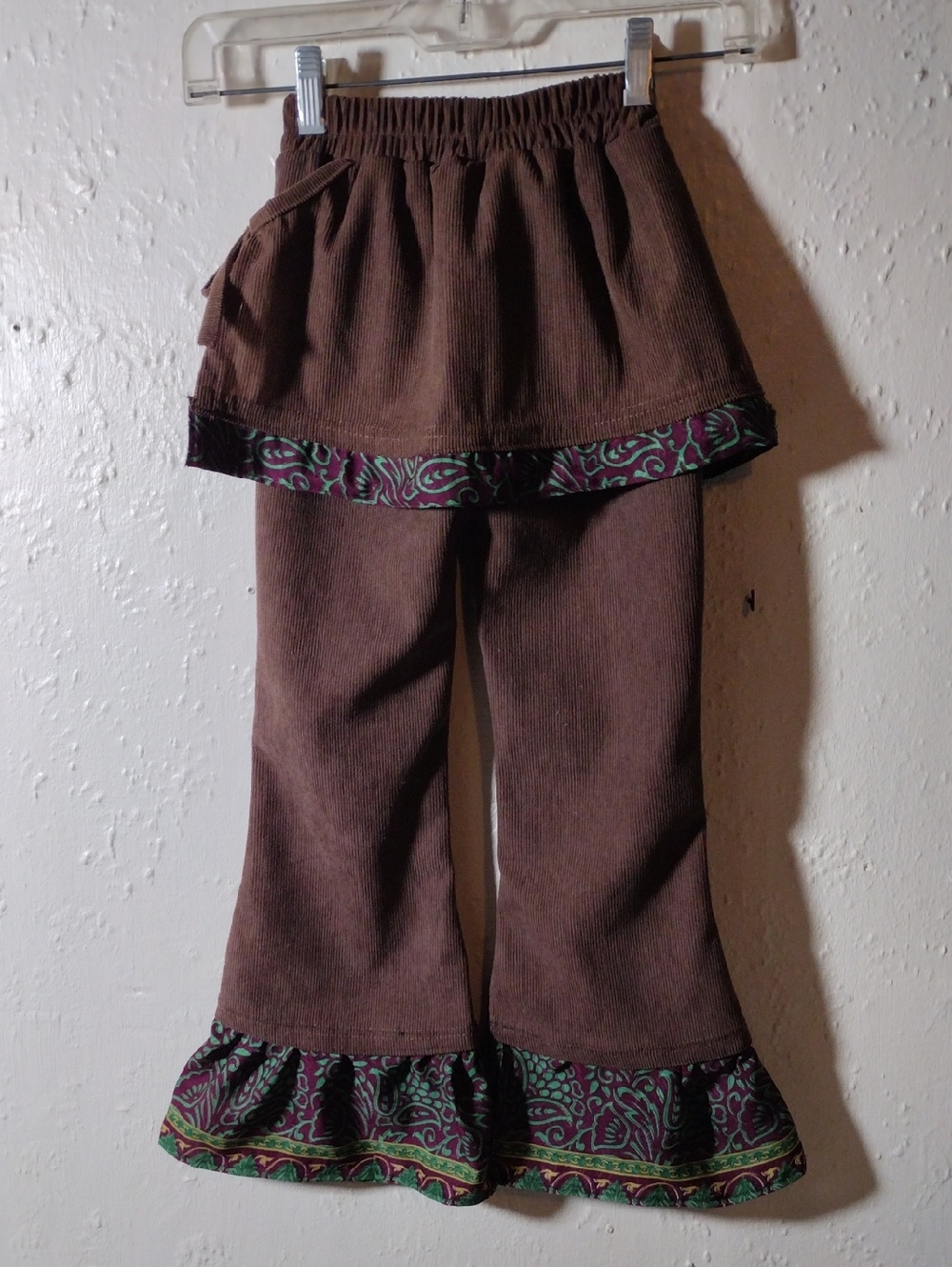 Size7,Girls Brown Corduroy Skirted Pants with Floral Trim - Picture 4 of 4